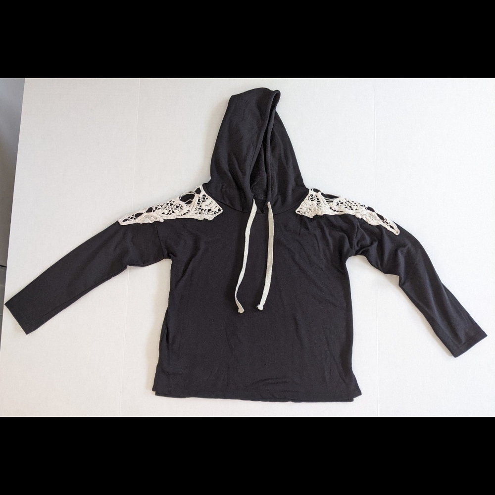 Black Hoodie with Lace Shoulder Accents